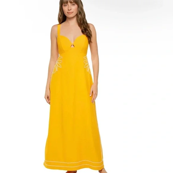 MON RENN scenic dress in mango Yellow Maxi Dress with Floral Detail NEW